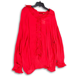 NWT Womens Red Ruffle Long Sleeve Relaxed Fit Button-Up Shirt Size 1X