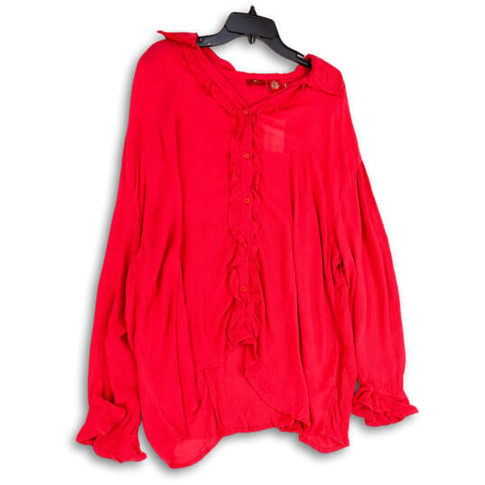 NWT Womens Red Ruffle Long Sleeve Relaxed Fit Button-Up Shirt Size 1X image number 1