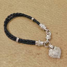 Judith Ripka 925 Cubic Zirconia Accented Rope Heart Charm Braided Black Cord Bracelet 26.9g