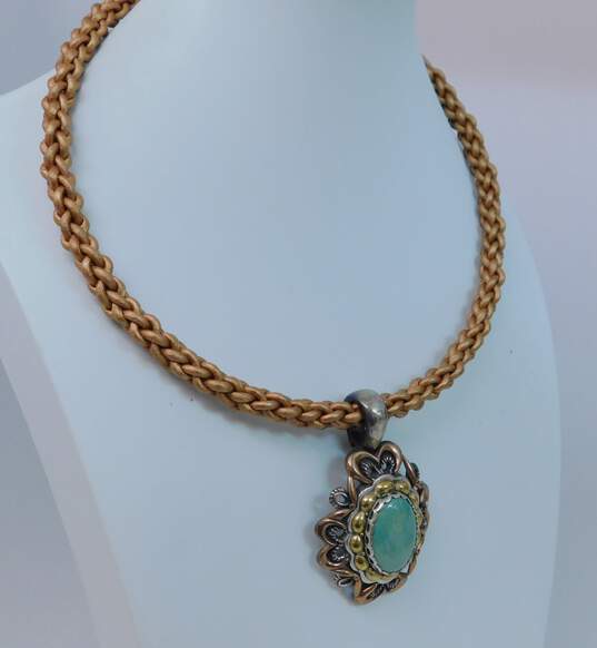 925 Copper, Brass & Leather Carolyn Pollack Green Turquoise Enhancer Pendant Necklace image number 1