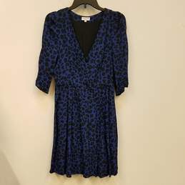 Womens Blue Black Leopard Print 3/4 Sleeve V Neck Pleated Mini Dress Sz 38
