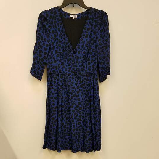 Womens Blue Black Leopard Print 3/4 Sleeve V Neck Pleated Mini Dress Sz 38 image number 1