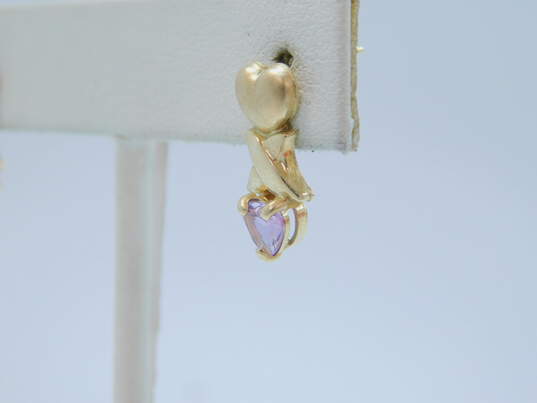 10k Yellow Gold Heart Cut Amethyst Post Back Earrings 1.4g image number 2