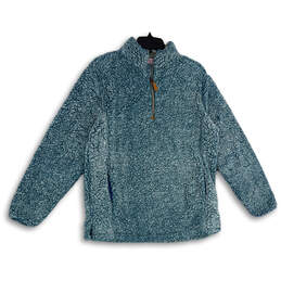 Womens Blue Sherpa Mock Neck Quarter Zip Long Sleeve Pullover Jacket Size M
