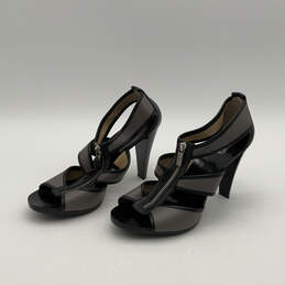 Womens Black Gray Textile Zipper Open Toe Strappy Cone Heels Size 10 M alternative image