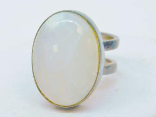 Artisan 925 Moonstone Cabochon Oval Double Band Ring Pointed Semi Hoop Post Earrings & Bangle Bracelet 21.5g image number 3
