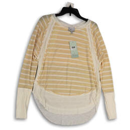 NWT Womens Yellow White Knitted Striped Long Sleeve Pullover Sweater Size S