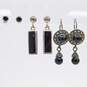 Artisan 925 Marcasite & Onyx & Inlay Rectangle Drop & Stud Post Earrings 9.8g image number 1