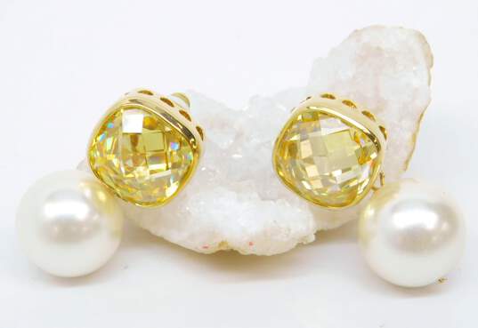 Joan Boyce Yellow Crystal Faux Pearl Drop Clip Earrings 38.4g image number 3