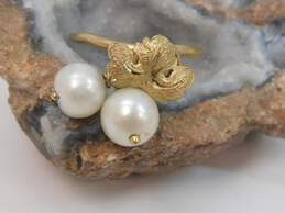 Romantic 14K Yellow Gold Faux Pearl & Leaf Ring 4.9g