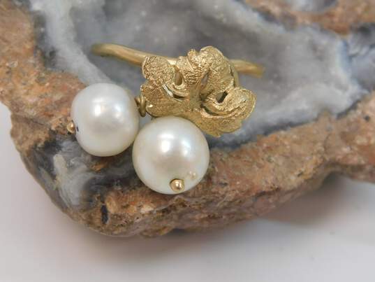 Romantic 14K Yellow Gold Faux Pearl & Leaf Ring 4.9g image number 1