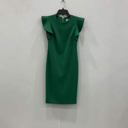 Womens Green Pleated Ruffle Short Sleeve Back Zip Midi Sheath Dress Size 2