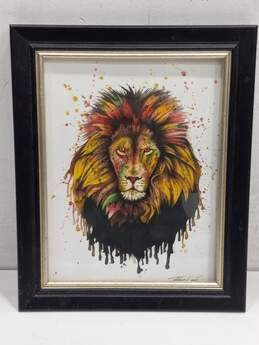 Signed Colorful Lion Art Picture Framed