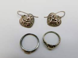 Romantic 925 Sterling Silver Scrolled Heart Drop Earrings & CZ Rings 14.4g