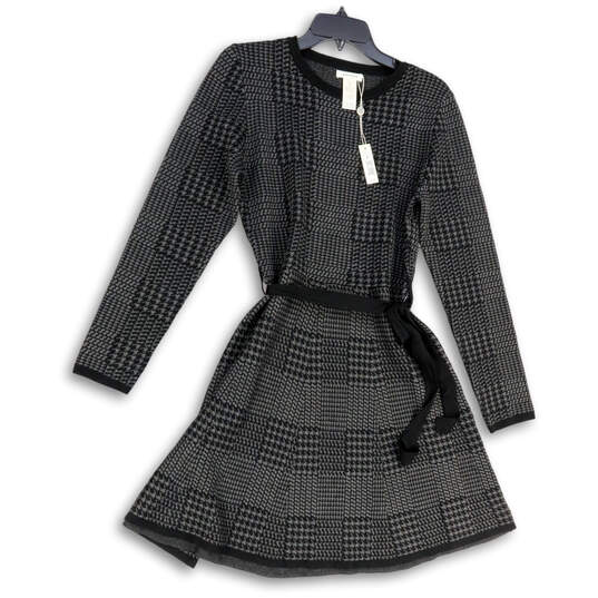 NWT Womens Black Gray Houndstooth Knee Length Fit and Flare Dress Size M image number 1