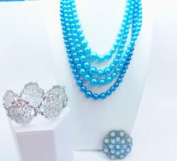 Vintage Blue & Silver Tone Faux Pearl Icy Rhinestone Jewelry 158.0g