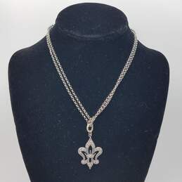 Sterling Silver Crystal Fleur De Lis Pendant Rolo Chain Double Strand Necklace 16 1/2 Inch 12.6g