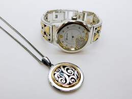Brighton Designer Two Tone Scrolled Pendant Necklace & CZ Accent Gramercy Park Watch 111.9g