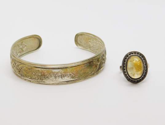 Vintage S Kirk & Son & Artisan 925 Citrine Cabochon Granulated Ring & Floral Repousse Cuff Bracelet 27.7g image number 1