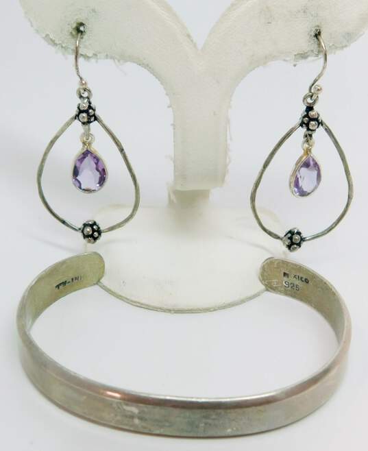Taxco Mexico & India 925 Faceted Amethyst Granulated Teardrop Drop Earrings & Modernist Cuff Bracelet 28.5g image number 1