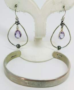 Taxco Mexico & India 925 Faceted Amethyst Granulated Teardrop Drop Earrings & Modernist Cuff Bracelet 28.5g