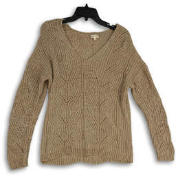 Womens Beige Braided Long Sleeve V Neck Knitted Pullover Sweater Size Small