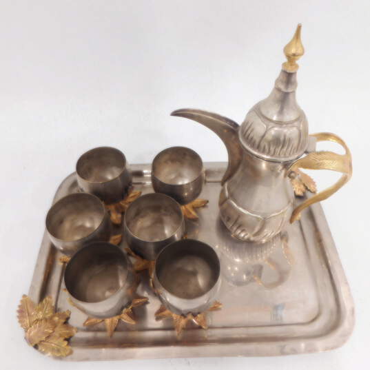 Vintage Dallah Arabic Style Coffee Pot W/ Claw Mugs & Tray image number 1