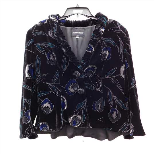 GIORGIO ARMANI Black Velvet with Blue & Teal Floral Print Peplum Blazer Jacket Size 48 EU with COA image number 1