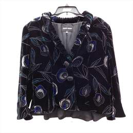 GIORGIO ARMANI Black Velvet with Blue & Teal Floral Print Peplum Blazer Jacket Size 48 EU with COA