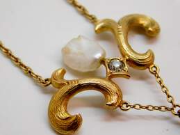 Art Nouveau 14K Yellow Gold Pearl 0.10 CT Diamond Lavalier Pendant Necklace 8.6g alternative image