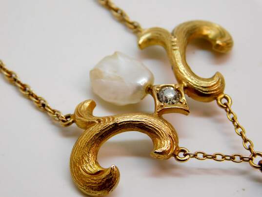 Art Nouveau 14K Yellow Gold Pearl 0.10 CT Diamond Lavalier Pendant Necklace 8.6g image number 2