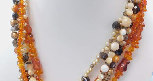 Artisan 925 Amber Faceted Smoky Quartz Carnelian Shell & Pearls Beaded Multi Strand Statement Necklace 110.8g image number 1