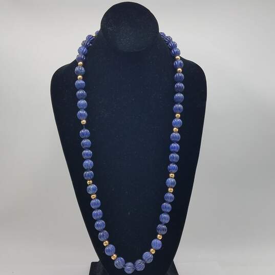 Endless 14k Gold Carved Lapis Beaded Necklace 122.9g image number 1