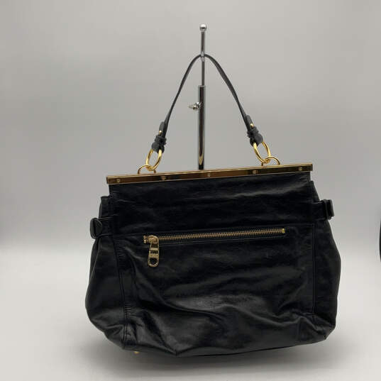 Authentic Womens Black Leather Botton Stud Outer Zip Pocket Handbag image number 2