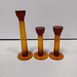 3pc Set of Contemporary Amber Bubble Glass Candlesticks