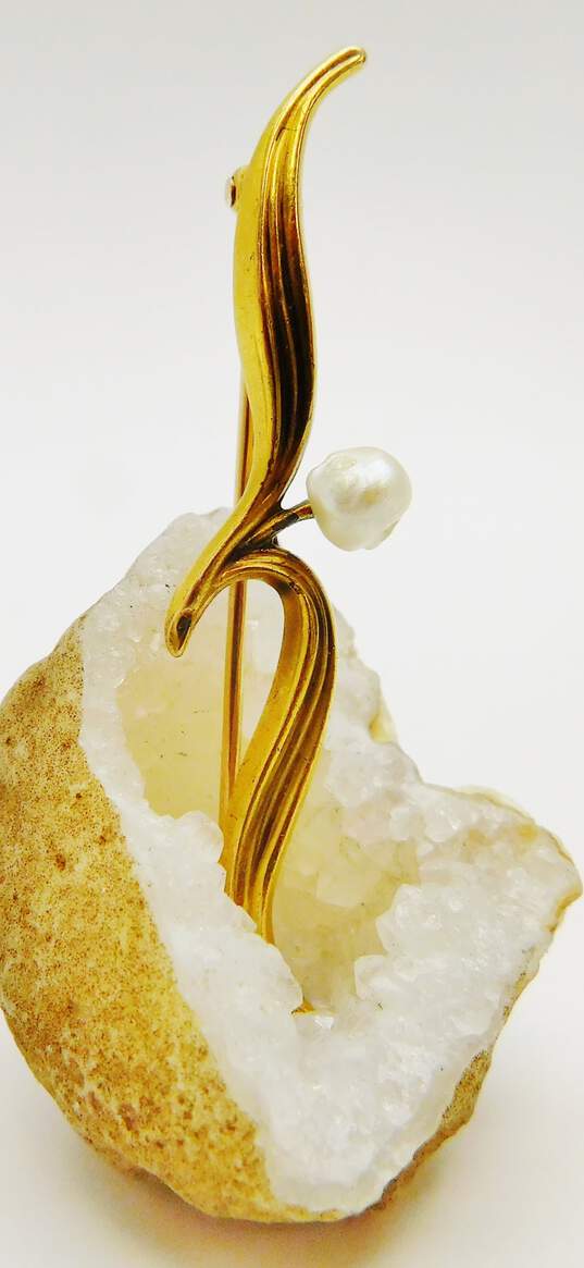 Antique LBA 14K Yellow Gold White Pearl Floral Leaves Brooch 2.9g image number 3