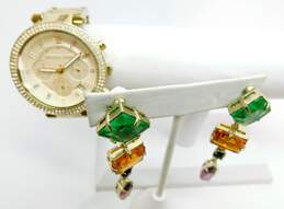 Michael Kors MK-5632 Icy Gold Tone Chronograph Watch & Heidi Daus Clip-On Earrings 113.0g