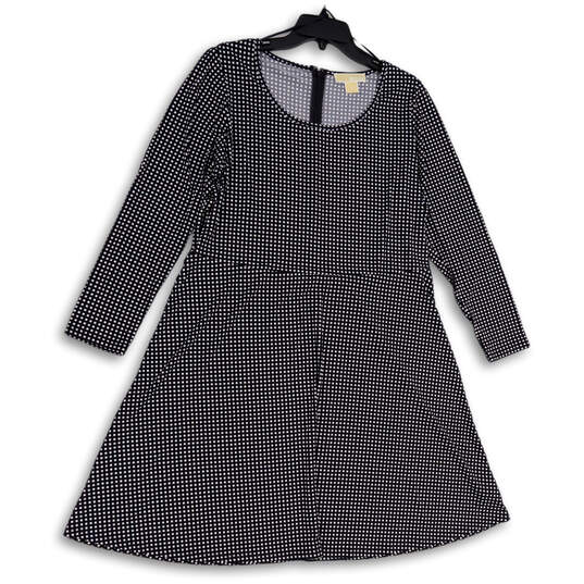 Womens Black White Check Long Sleeve Round Neck Back Zip A-Line Dress Sz 1X image number 1
