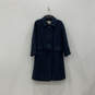 Womens Blue Black Pockets Long Sleeve Collared Button Front Overcoat image number 1