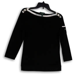 Womens Black White Boat Neck Long Sleeve Pullover Blouse Top Size Medium alternative image