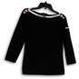 Womens Black White Boat Neck Long Sleeve Pullover Blouse Top Size Medium image number 2