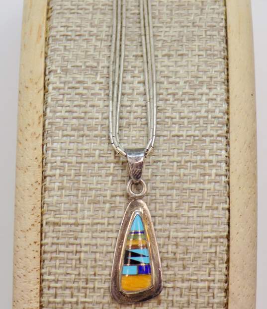 Signed VC Zuni 925 Southwestern Turquoise Lapis Lazuli Spiny Oyster & Onyx Inlay Triangle Pendant Multi Strand Liquid Silver Chain Necklace 4.9g image number 5