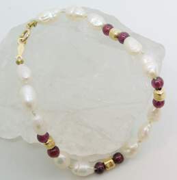 14K Yellow Gold Clasp & Ball Bead w/Garnet Ball Beads Pearl Bracelet 5.2g