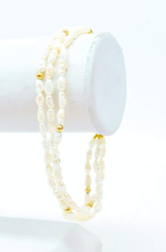 14K Gold Clasp & Ball & White Freshwater Pearl Beaded Multi Strand Bracelet 6.8g image number 3