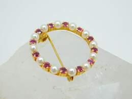 14K Yellow Gold Ruby & Pearl Open Circle Brooch 3.4g alternative image