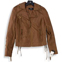 NWT Womens Brown Leather Long Sleeve Pockets Motorcycle Jacket Size Small