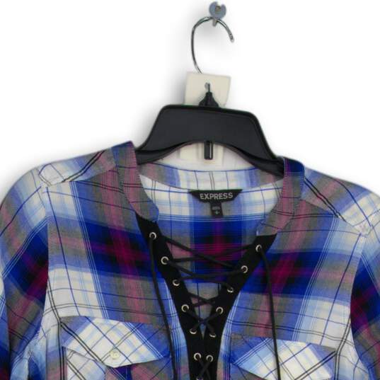 Express Womens Multicolor Plaid Long Sleeve V-Neck Blouse Top Size Small image number 3
