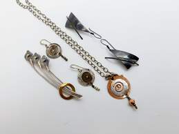 Artisan 925 Copper & Brass Textured Spiral Ball Bead Pendant Necklace Matching & Geometric Drop Earrings & Calla Lily Flowers Brooch 33.4g