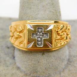 10K Two Tone Yellow & White Gold Cross Religious Chunky Statement Textured Ring 5.2g alternative image