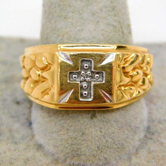 10K Two Tone Yellow & White Gold Cross Religious Chunky Statement Textured Ring 5.2g image number 2